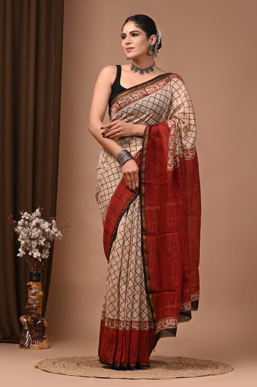 bagru, bagru saree, Chanderi Silk Saree, hand block saree, saree