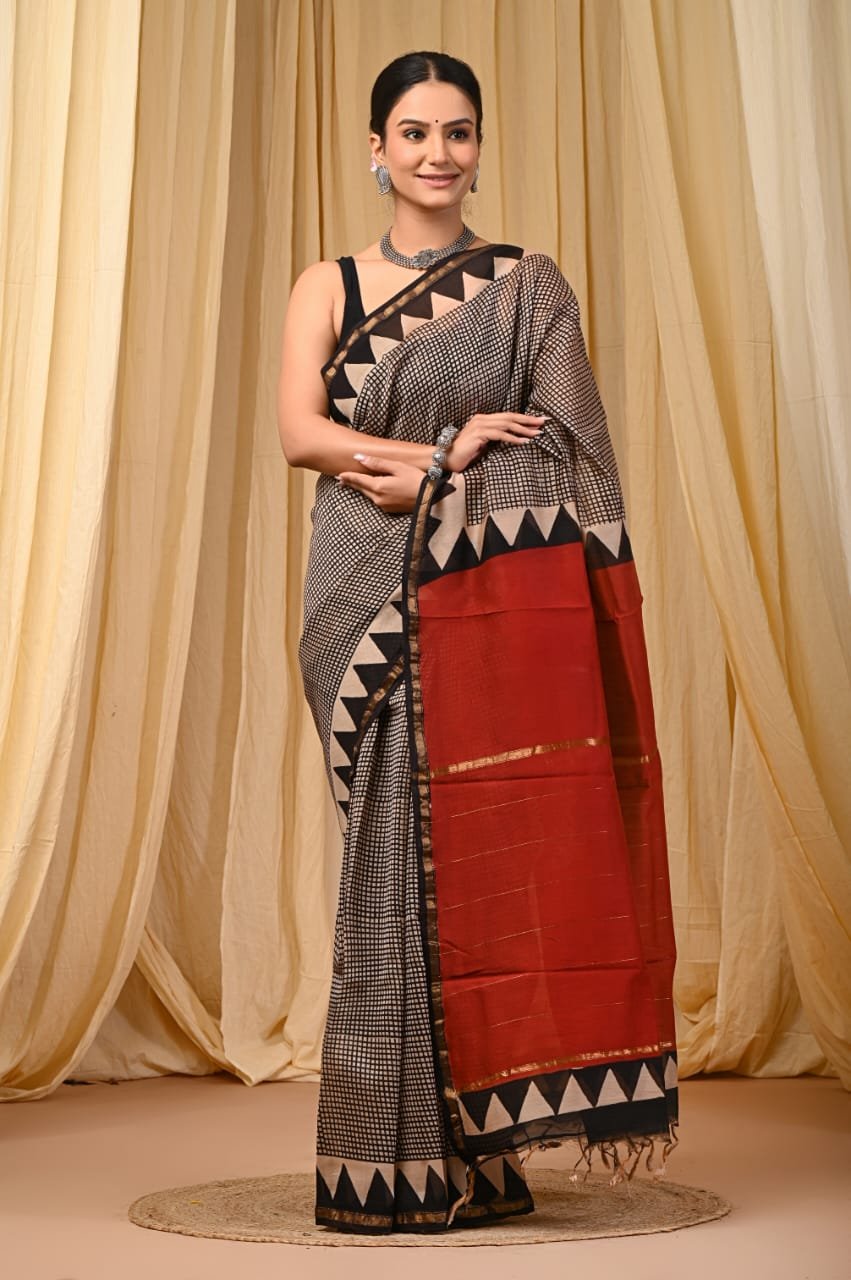 bagru, bagru saree, Chanderi Silk Saree, hand block saree, saree