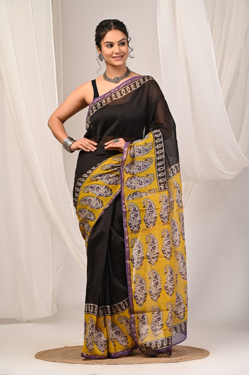 bagru, bagru saree, Chanderi Silk Saree, hand block saree, saree