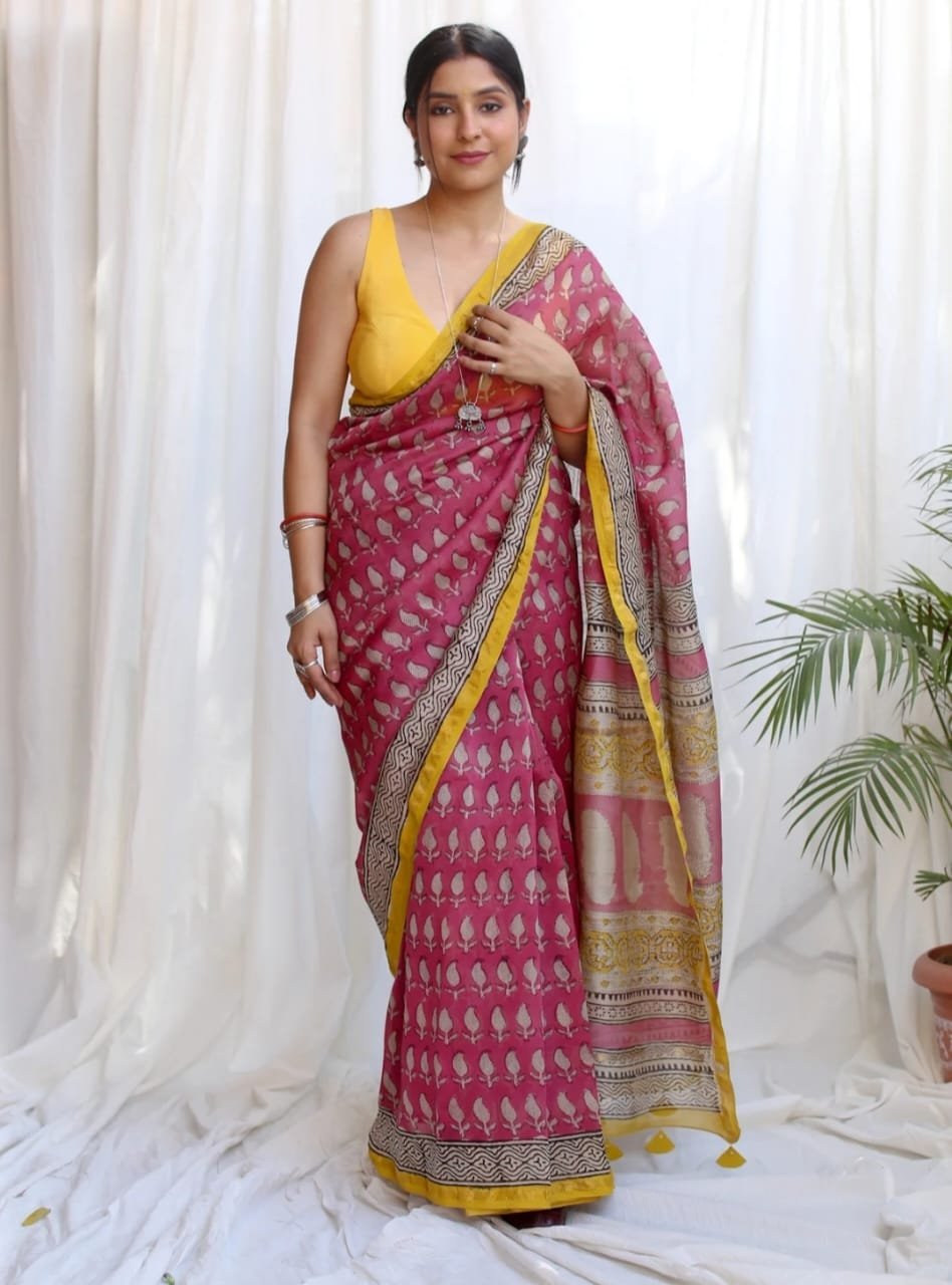bagru, bagru saree, Chanderi Silk Saree, hand block saree, saree
