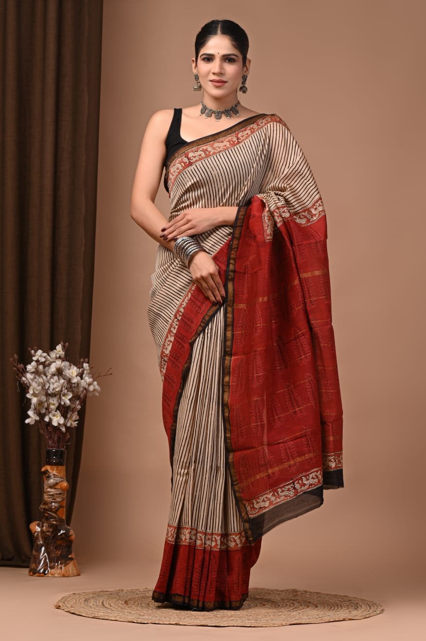 bagru, bagru saree, Chanderi Silk Saree, hand block saree, saree