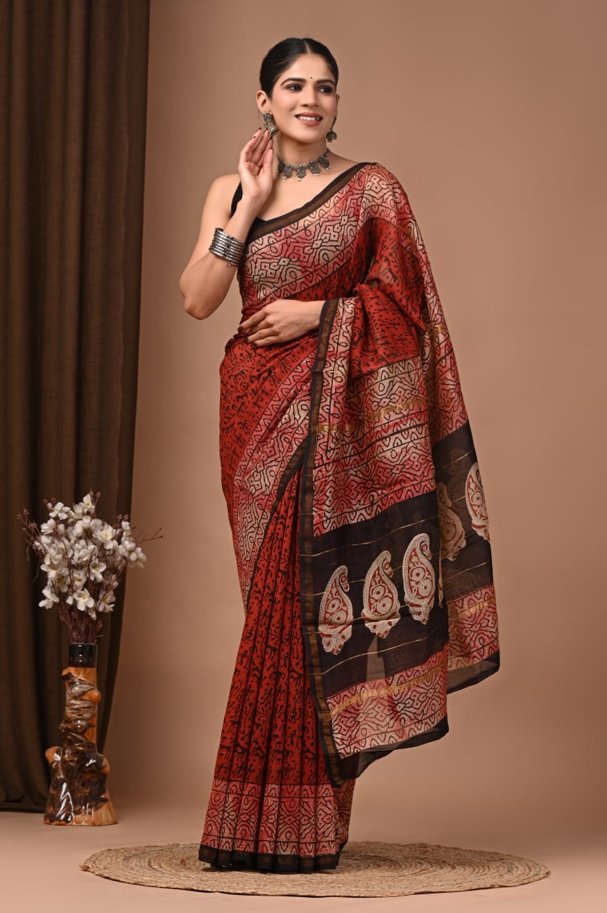 bagru, bagru saree, Chanderi Silk Saree, hand block saree, saree