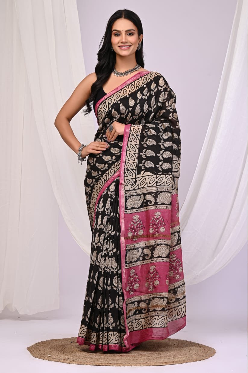 bagru, bagru saree, Chanderi Silk Saree, hand block saree, saree