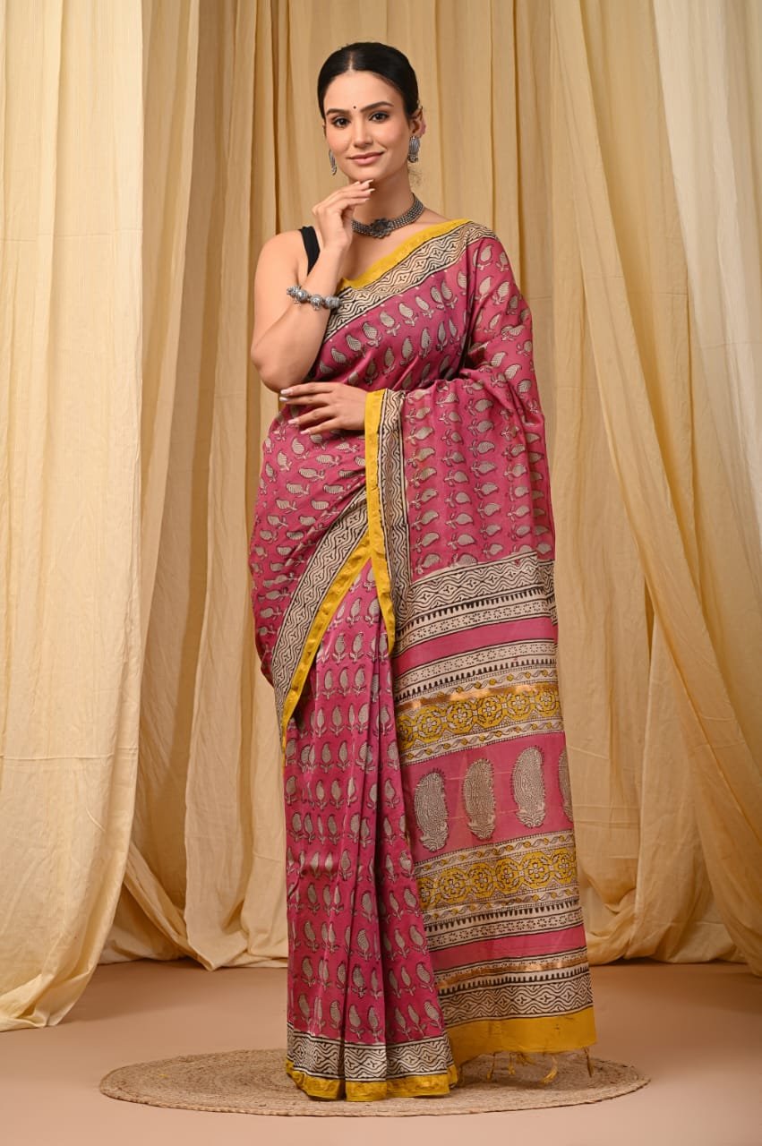 bagru, bagru saree, Chanderi Silk Saree, hand block saree, saree