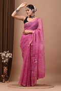 Pink & White Geometric Buti Bagru Hand Block Printed Chanderi Silk Saree With Blouse Piece