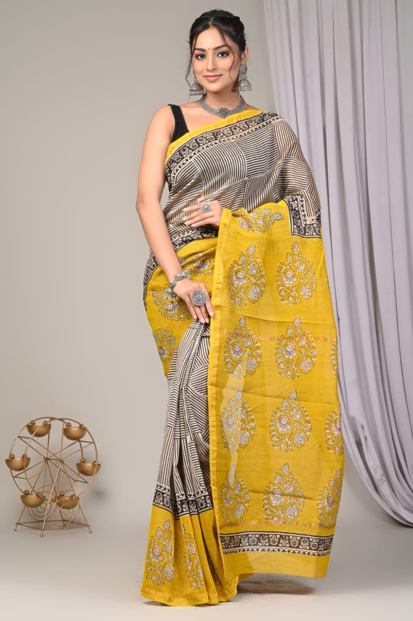 bagru, bagru saree, Chanderi Silk Saree, hand block saree, saree