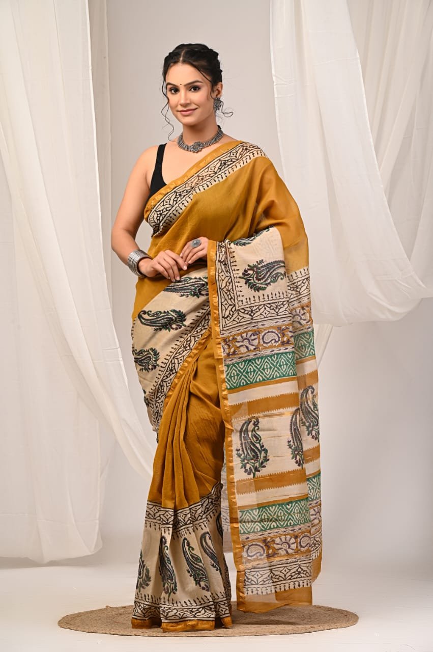 bagru, bagru saree, Chanderi Silk Saree, hand block saree, saree