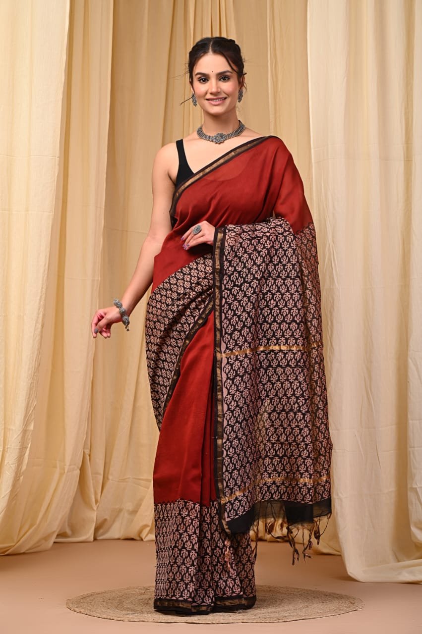 bagru, bagru saree, Chanderi Silk Saree, hand block saree, saree