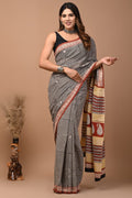 Mul Cotton Hand Block Printed Saree With Blouse Piece