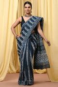 Indigo Blue & Off-White Geometric Chevron Bagru Hand Block Printed Mul Cotton Saree With Blouse Piece