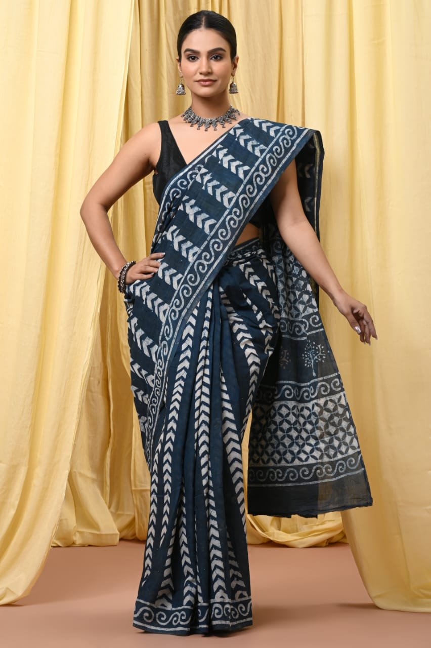 Mul Cotton Hand Block Printed Saree With Blouse Piece