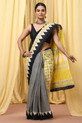 Black & Yellow Animal Motif Bagru Hand Block Printed Mul Cotton Saree With Blouse Piece