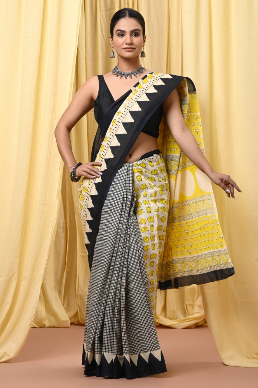 Mul Cotton Hand Block Printed Saree With Blouse Piece