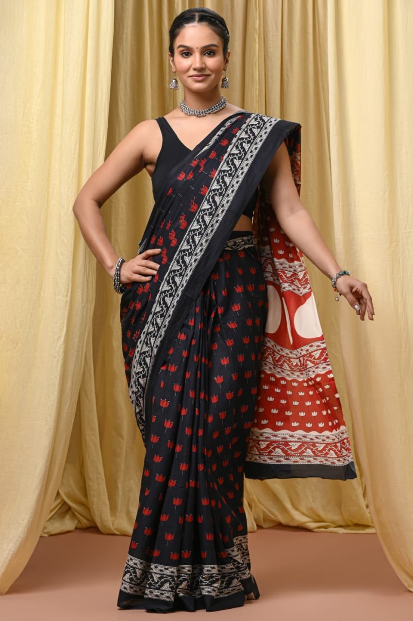 Mul Cotton Hand Block Printed Saree With Blouse Piece