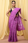 Purple & White Leaf Motif Bagru Hand Block Printed Mul Cotton Saree With Blouse Piece