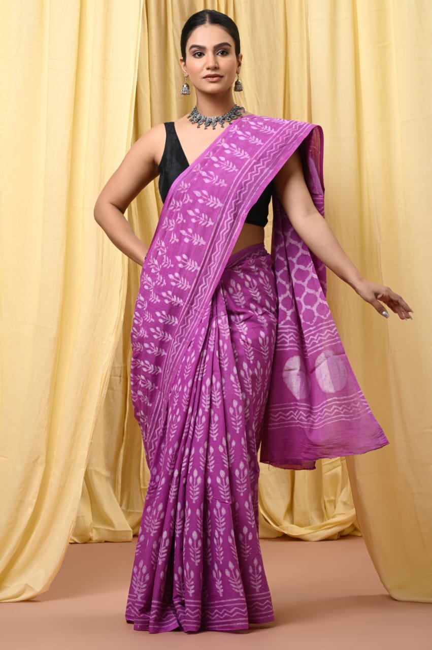 Mul Cotton Hand Block Printed Saree With Blouse Piece