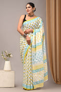 Mul Cotton Hand Block Printed Saree With Blouse Piece