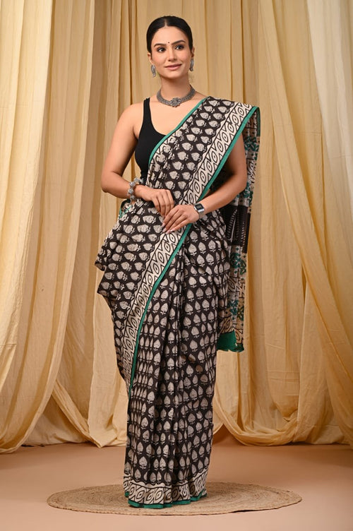 Black & Off-White Leaf Motif Bagru Hand Block Printed Mul Cotton Saree With Blouse Piece