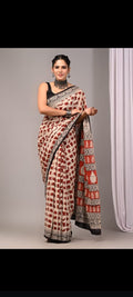 Red & Off-White Animal Motifs Bagru Hand Block Printed Mul Cotton Saree With Blouse Piece