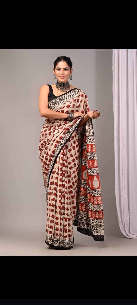 Mul Cotton Hand Block Printed Saree With Blouse Piece
