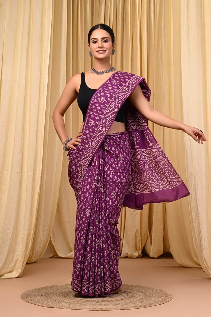 Mul Cotton Hand Block Printed Saree With Blouse Piece