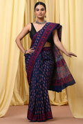 Indigo Blue & Red Paisley Motifs Bagru Hand Block Printed Mul Cotton Saree With Blouse Piece