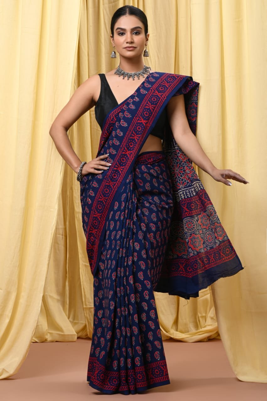 Mul Cotton Hand Block Printed Saree With Blouse Piece
