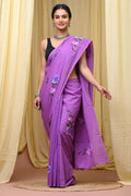 Lavender & Pink Floral Motif Bagru Hand Block Printed Mul Cotton Saree With Blouse Piece