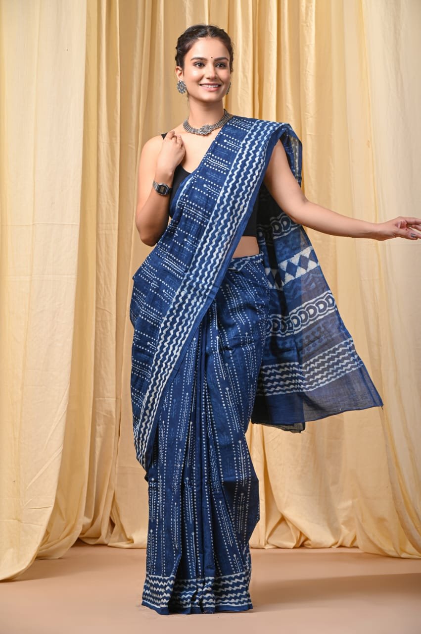 Mul Cotton Hand Block Printed Saree With Blouse Piece