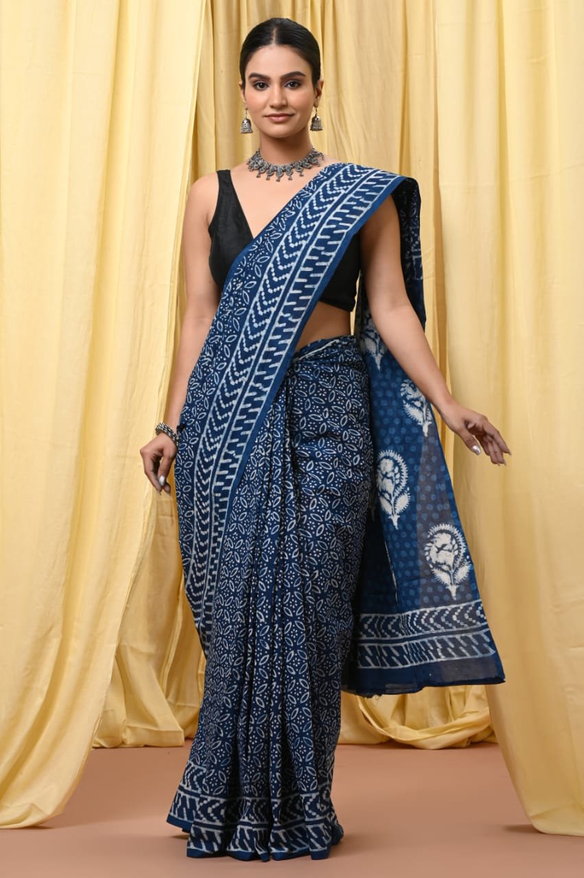 Mul Cotton Hand Block Printed Saree With Blouse Piece