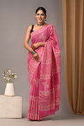 Mul Cotton Hand Block Printed Saree With Blouse Piece