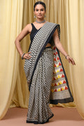 Navy Blue & Off-White Geometric Chevron Bagru Hand Block Printed Mul Cotton Saree With Blouse Piece
