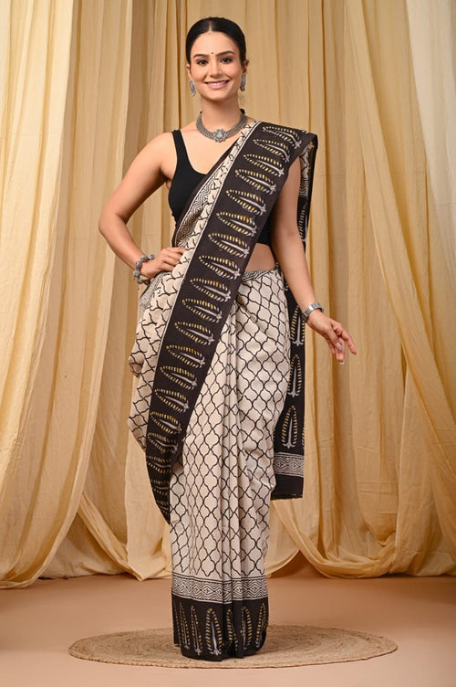 Black & Cream Leaf Motif Bagru Hand Block Printed Mul Cotton Saree With Blouse Piece