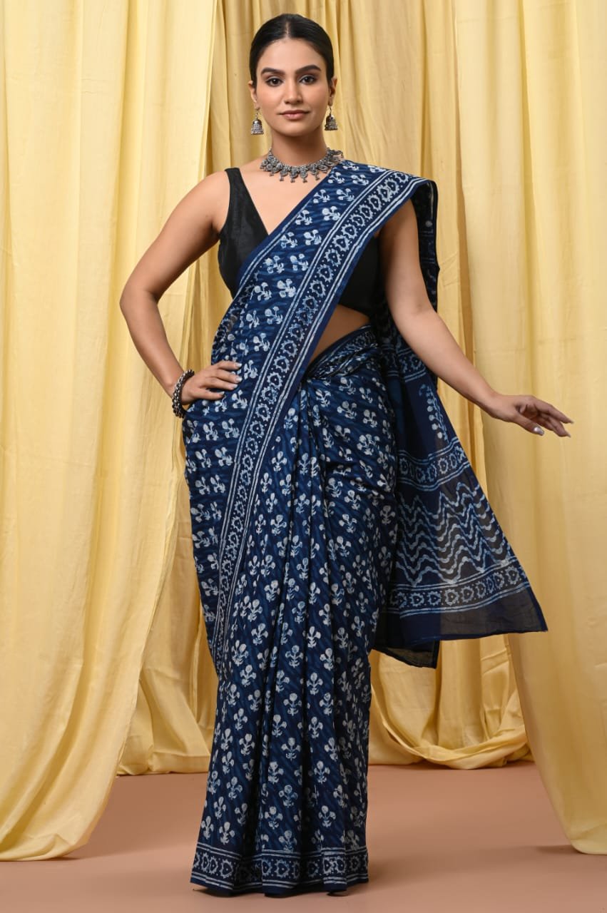 Mul Cotton Hand Block Printed Saree With Blouse Piece