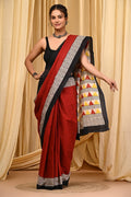 Red & Black Geometric Chevron Bagru Hand Block Printed Mul Cotton Saree With Blouse Piece