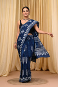 Indigo Blue & White Floral Motifs Bagru Hand Block Printed Mul Cotton Saree With Blouse Piece