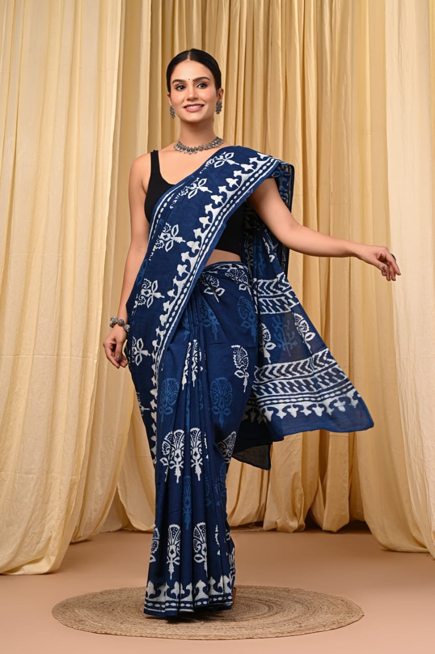 Mul Cotton Hand Block Printed Saree With Blouse Piece