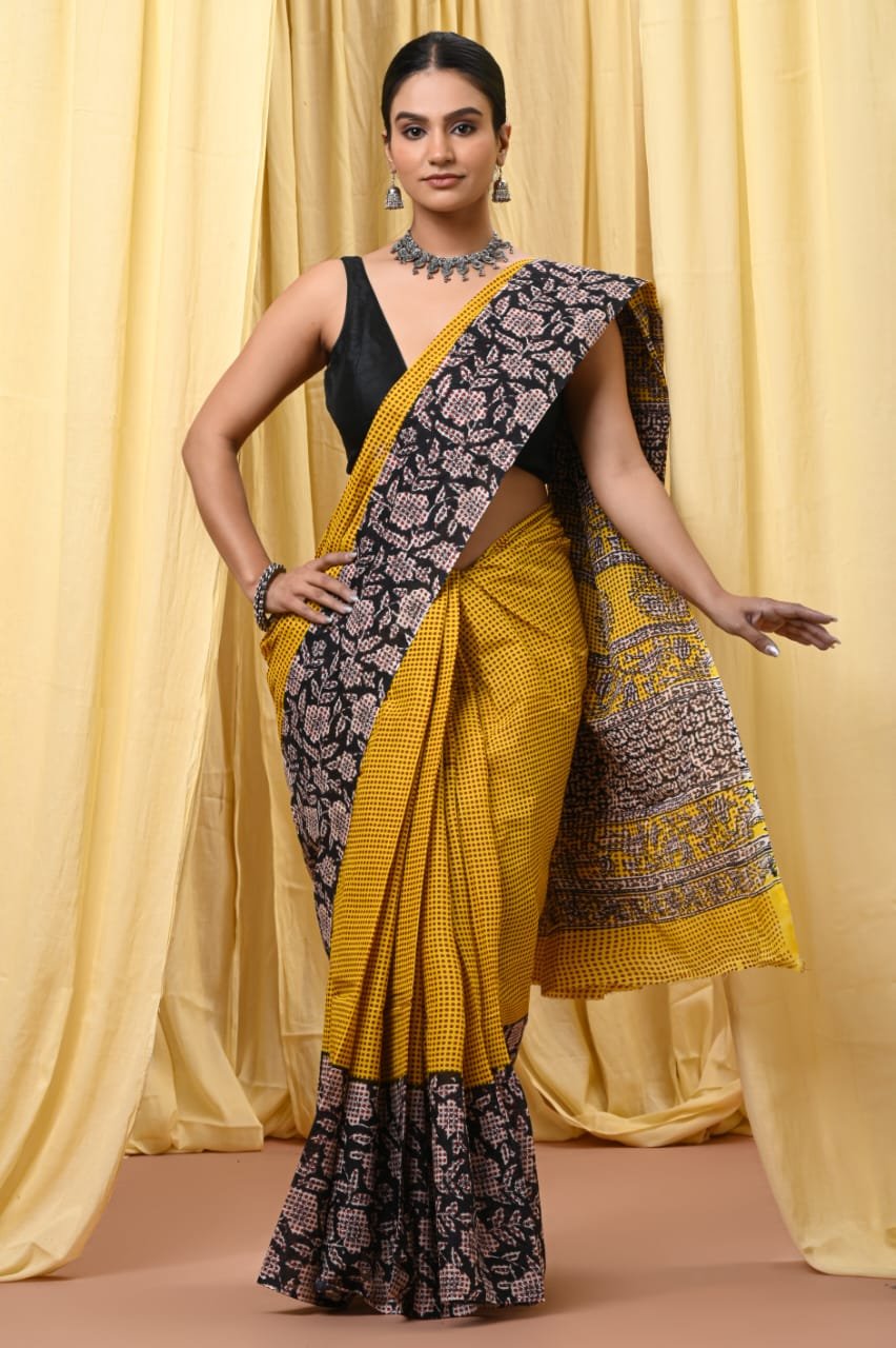 Mul Cotton Hand Block Printed Saree With Blouse Piece