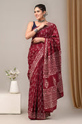 Mul Cotton Hand Block Printed Saree With Blouse Piece