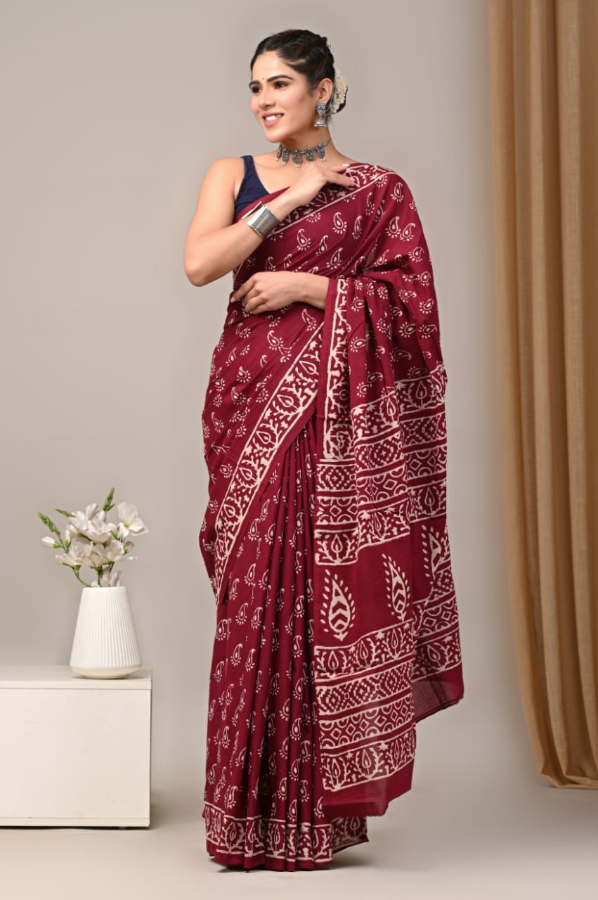 Mul Cotton Hand Block Printed Saree With Blouse Piece