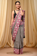 Pink & Black Floral Jaal Bagru Hand Block Printed Mul Cotton Saree With Blouse Piece