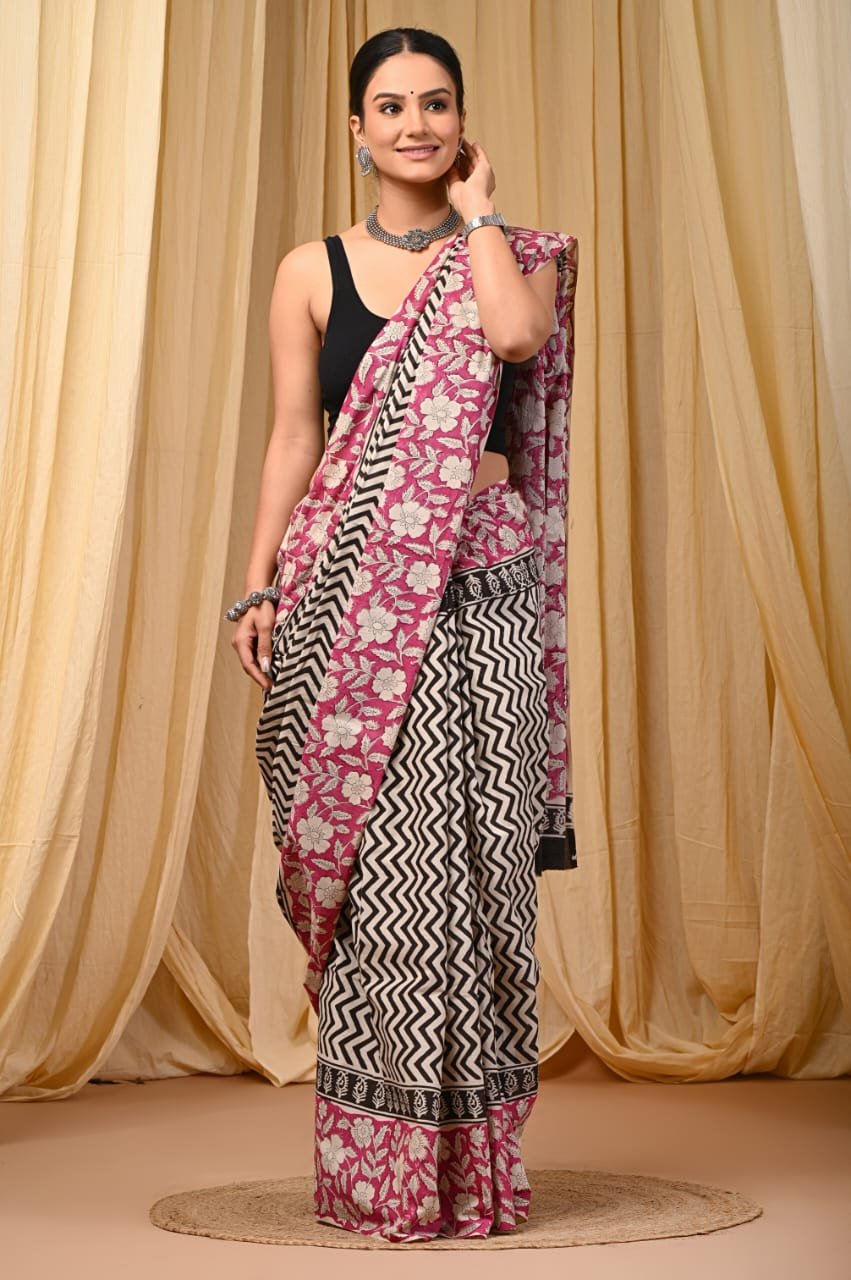 Mul Cotton Hand Block Printed Saree With Blouse Piece
