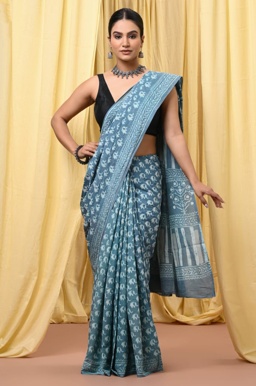 Mul Cotton Hand Block Printed Saree With Blouse Piece