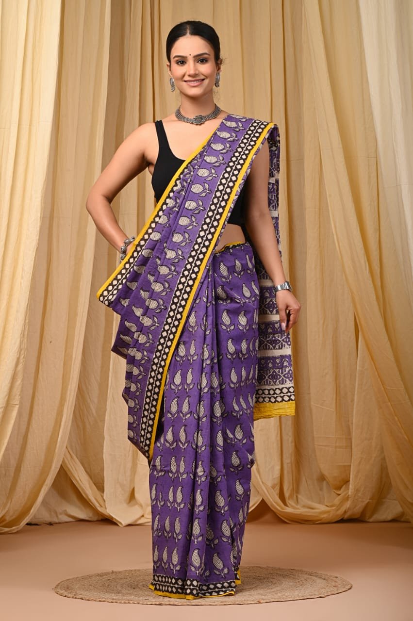 Mul Cotton Hand Block Printed Saree With Blouse Piece