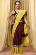 Mustard Yellow & Maroon Floral Motif Bagru Hand Block Printed Mul Cotton Saree With Blouse Piece