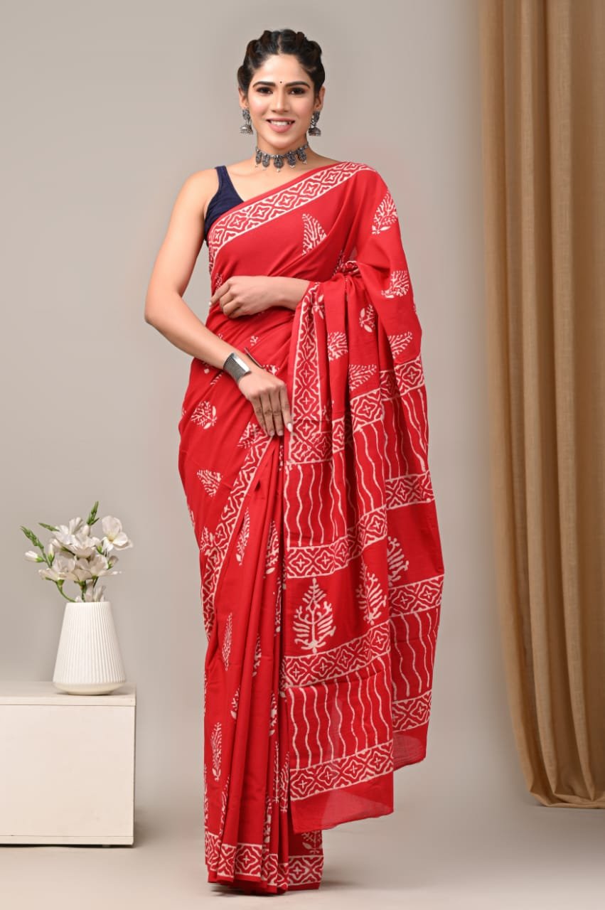 Mul Cotton Hand Block Printed Saree With Blouse Piece