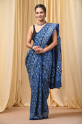 Indigo Blue & White Geometric Chevron Bagru Hand Block Printed Mul Cotton Saree With Blouse Piece