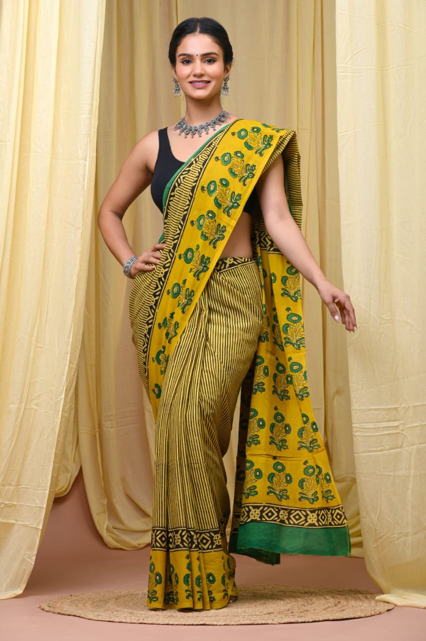 Mul Cotton Hand Block Printed Saree With Blouse Piece