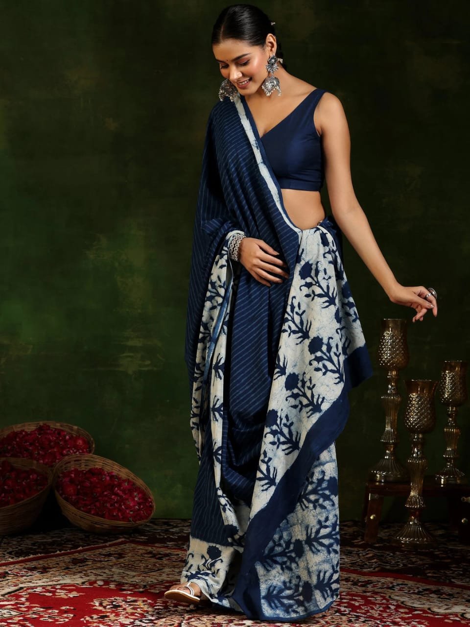 Mul Cotton Hand Block Printed Saree With Blouse Piece
