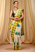 Mustard Yellow & Green Geometric Leaf Hand Block Printed Mul Cotton Saree With Blouse Piece
